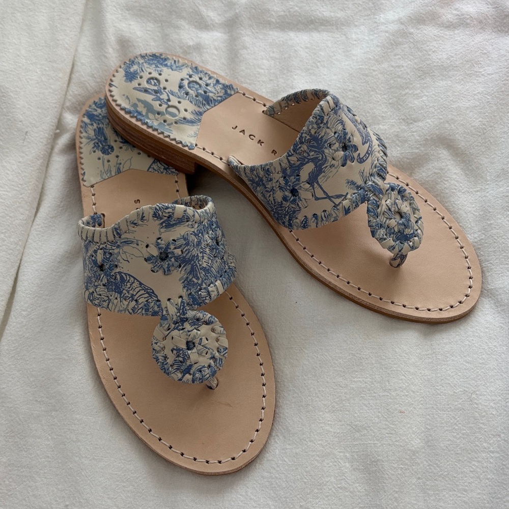 Jack Rogers Blue Floral Toile Leather Sandals